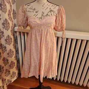 The Impeccable Pig Pink Floral Babydoll Puff Sleeve Dress, Sz M